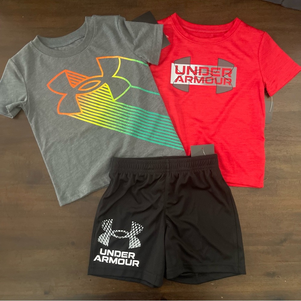 Under Armour Boys 3 Piece Set Grey Red Graphic T-Shirts Black Mesh Shorts NWT
